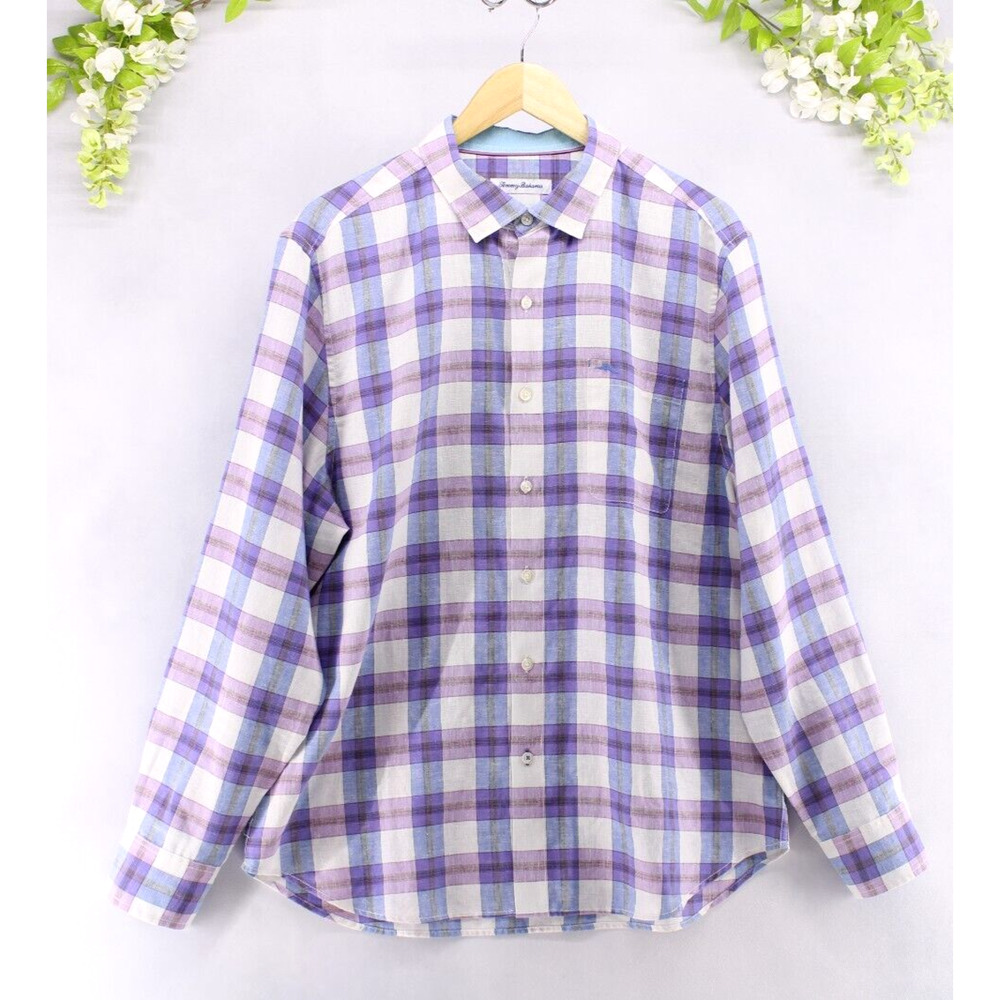 Tommy Bahama Shirt Sz L Plaid Linen Blend Long Sleeve Button Down Purple - Picture 2 of 7